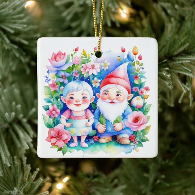 Ornamento De Cerâmica Feliz Natal personalizado, Sr. e Sra. Clause Gnomo (Árvore)