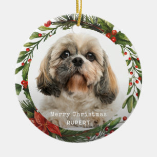 Ornamento De Cerâmica Feliz Natal Pet Foto Botânica Holly Wreath