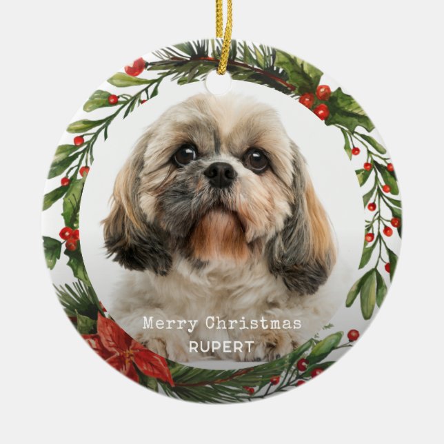Ornamento De Cerâmica Feliz Natal Pet Foto Botânica Holly Wreath (Frente)