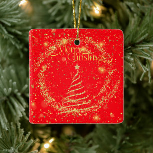 Ornamento De Cerâmica Feliz Natal! Pó Dourado contra vermelho, brilho