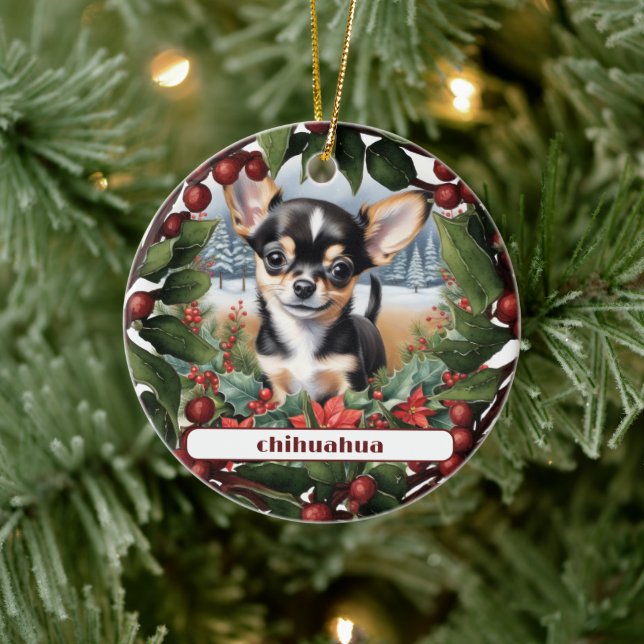 Ornamento De Cerâmica Feliz Natal Preto Chihuahua Puppy (Árvore)