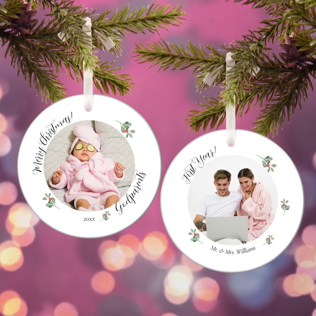 Ornamento De Cerâmica Feliz Natal Primeiro Ano Padrinhos (Criador carregado)