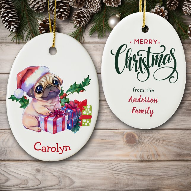 Ornamento De Cerâmica Feliz Natal Pug Puppy Natal (Criador carregado)