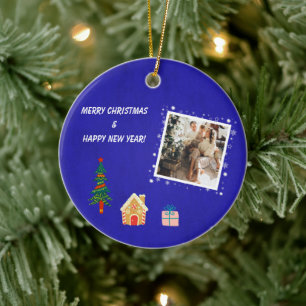Ornamento De Cerâmica Feliz Natal Real - Foto da Família Azul