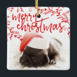 Ornamento De Cerâmica Feliz Natal Red Branch Foto Personalizada Pet<br><div class="desc">Enfeites de natal quadrado adorável com uma foto adorável de um filhote de cachorro-da-chuva vestindo um chapéu de Papai Noel. Mantenha a foto ou troque para um de seus próprios animais de estimação!</div>