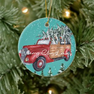 Ornamento De Cerâmica Feliz Natal Red Truck Winter fall