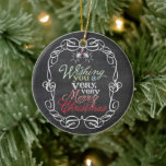 Ornamento De Cerâmica Feliz Natal Rustic Chalkboard Mistletofotos<br><div class="desc">"Desejando Um Feliz Natal" Típica De Saudação Colorida Dentro De Um Quadro De Vintagem Tradicional, Quadro De Natal Russo Com Ornamento De Férias Fotográficas. Concebido por gordura*fa*estanho. Fácil de personalizar com seu próprio texto, foto ou imagem. Para pedidos personalizados, entre em contato direto com o . Aplicam-se taxas personalizadas. www.zazzle.com/fat_fa_tin...</div>