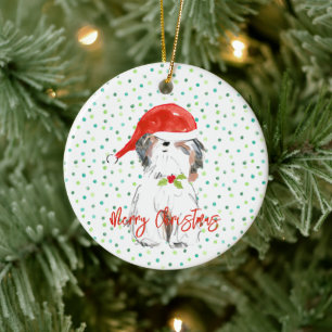 Ornamento De Cerâmica Feliz Natal Shi Tzu Cão Festivo Santa Hat Holly