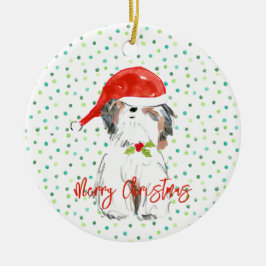 Ornamento De Cerâmica Feliz Natal Shi Tzu Cão Festivo Santa Hat Holly