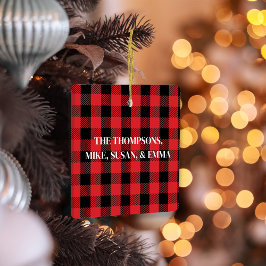 Ornamento De Cerâmica Feliz Natal Simples Xadrez de Buffalo Vermelho