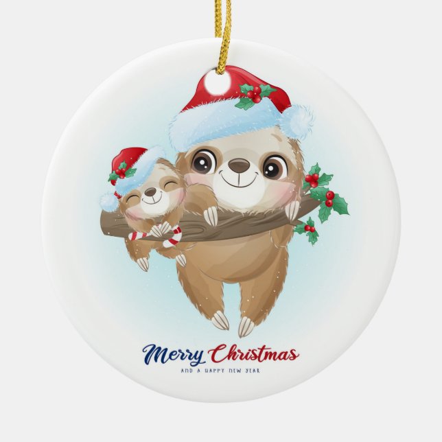 Ornamento De Cerâmica Feliz Natal Sloth (Frente)