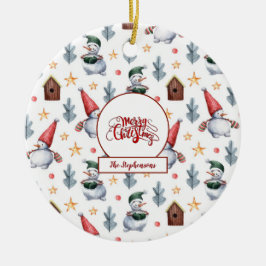 Ornamento De Cerâmica Feliz Natal Snowman Snowflakes Monograma