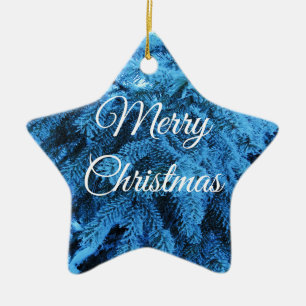 Ornamento De Cerâmica Feliz Natal Snowy Forest Spruce Star