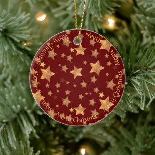 Ornamento De Cerâmica Feliz Natal Stars Dourado Red Elegage