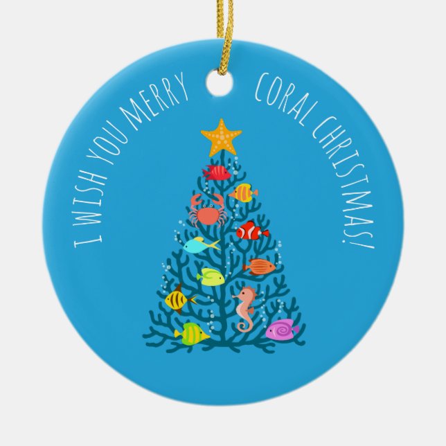 Ornamento De Cerâmica Feliz Natal Submarino Peixe Tropical de Coral (Frente)