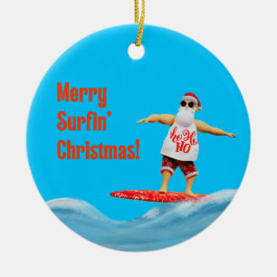 Ornamento De Cerâmica Feliz Natal Surfista Papai Noel de Prancha de Surf