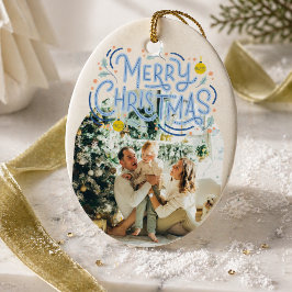 Ornamento De Cerâmica Feliz Natal Tipografia Azul Arqueada Foto 