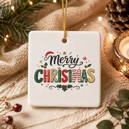 Ornamento De Cerâmica Feliz Natal Tipografia Festiva Cerâmica
