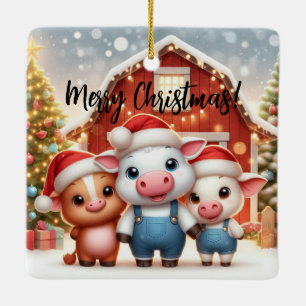Ornamento De Cerâmica Feliz Natal Três Porcos