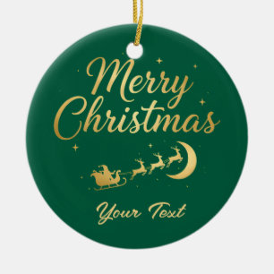 Ornamento De Cerâmica Feliz Natal Verde e Dourado Personalizado