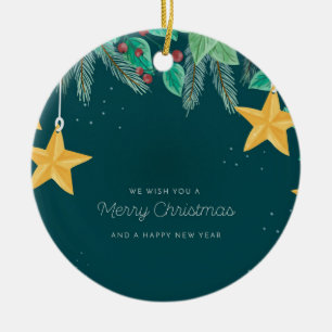 Ornamento De Cerâmica Feliz Natal Verde e uma faixa de Feliz ano novo