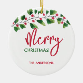 Ornamento De Cerâmica Feliz Natal, Vermelho E Vermelhos, Terra De Aquare