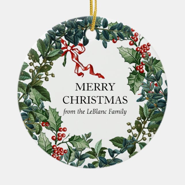 Ornamento De Cerâmica Feliz Natal Wreath Personalizado Arco Vermelho Ver (Frente)