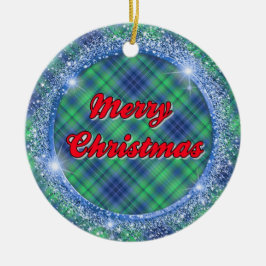 Ornamento De Cerâmica Feliz Natal Xadrez Azul Faux Frame