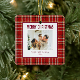 Ornamento De Cerâmica Feliz Natal Xadrez Vermelho Clássico Foto da Famíl