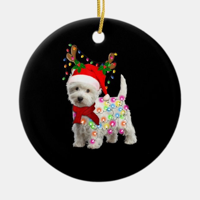 Ornamento De Cerâmica Feliz Natal Xmas Westie Dog Reindeer Cosplay (Frente)