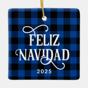 Ornamento De Cerâmica Feliz Navidad Blue Buffalo Xadrez Família Foto