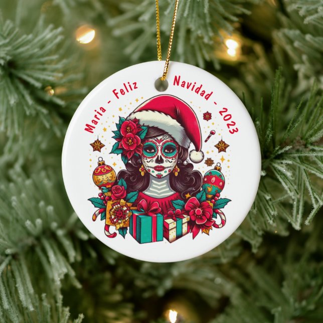 Ornamento De Cerâmica Feliz Navidad De Los Muertos Personalizado (Árvore)