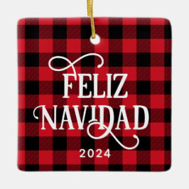 Ornamento De Cerâmica Feliz Navidad Plaid de Búfalo Vermelho Foto de Fam