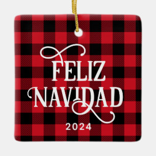 Ornamento De Cerâmica Feliz Navidad Plaid de Búfalo Vermelho Foto de Fam