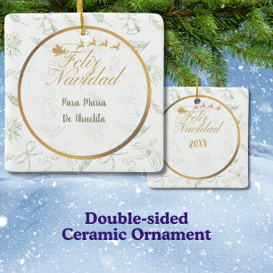 Ornamento De Cerâmica Feliz Navidad Verde Salvia e Toile Quadrado Dourad