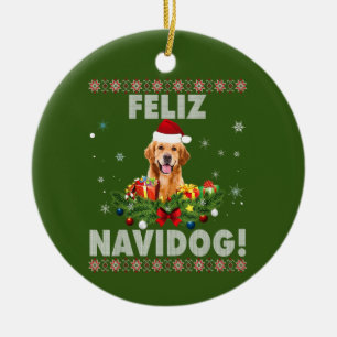 Ornamento De Cerâmica Feliz Navidog Ouro Retriever Cachorro Feio