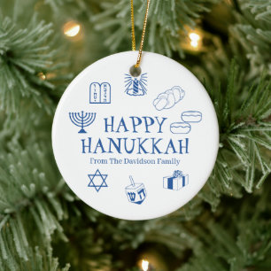 Ornamento De Cerâmica Feliz nome personalizado azul Hanukkah