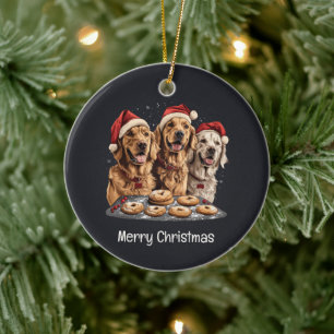 Ornamento De Cerâmica Feliz Ouro de Natal - Cachorro de Retriever