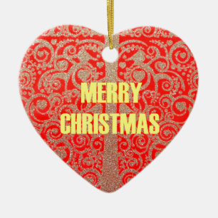 Ornamento De Cerâmica Feliz Ouro de Natal Red Snow Hearts