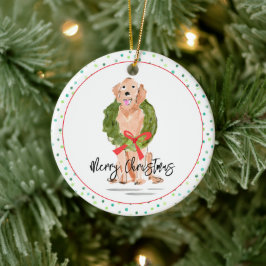 Ornamento De Cerâmica Feliz Ouro de Natal Retriever Dog Wreath Holly