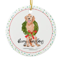 Feliz Ouro de Natal Retriever Dog Wreath Holly