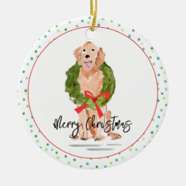 Ornamento De Cerâmica Feliz Ouro de Natal Retriever Dog Wreath Holly