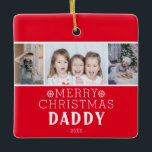 Ornamento De Cerâmica Feliz Pai de Natal Red 3 Fotografia Collage<br><div class="desc">Feliz Pai de Natal Red 3 Photo Collage Ornament. Design moderno bonito com 3 colagens de fotos. Adicione 3 fotos favoritas e personalize o texto na frente e no verso. Um presente perfeito para uma pai de Natal.</div>