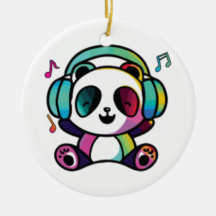 Ornamento De Cerâmica Feliz Panda com fones de ouvido ouvindo música.