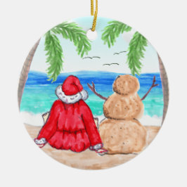 Ornamento De Cerâmica Feliz Papai noel de Natal e Snowman na Praia