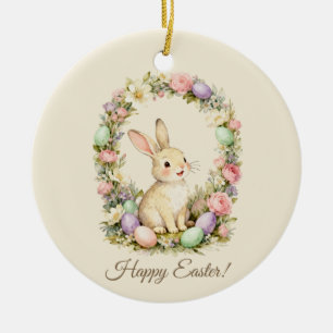 Ornamento De Cerâmica Feliz Páscoa Coelhinho Vintage Coroa Floral