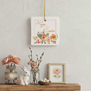 Ornamento De Cerâmica Feliz Páscoa floral aquarela