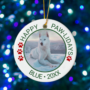 Ornamento De Cerâmica Feliz Paw-lidays Nome de Foto Personalizado de Pet