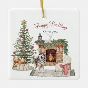 Ornamento De Cerâmica Feliz Pawlidays Design de Cachorro - Malamute do A