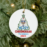 Ornamento De Cerâmica Feliz Personalizada Chrismukkah Happy Hanukkah<br><div class="desc">Procurando presentes de excelente para Chrismukkah,  Natal ou Hanukkah? Veja este item e nosso conjunto de cheios de itens personalizados exclusivos e divertidos para aquele especial que está em seu círculo.</div>